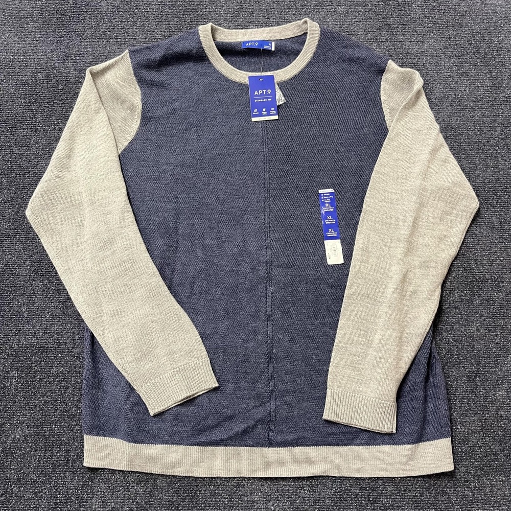 APT.9 Sweater Mens XL Blue Gray Merino Blend Crewneck Knit Pullover Standard Fit